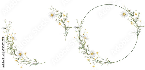 Wreath of yellow and white flower meadow, forest flowers.Watercolor hand painting illustration on isolate. Circlet of flowers with daisy or chamomile. Botanical summer wildflower