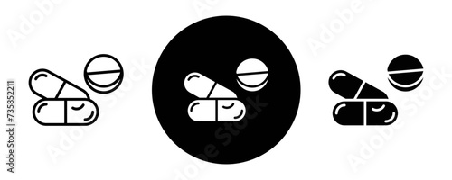Medicine of pills and capsules outline icon collection or set. pills and capsules Thin vector line art