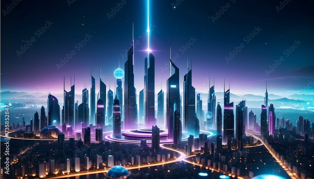 Futuristic skyline with holographic projections