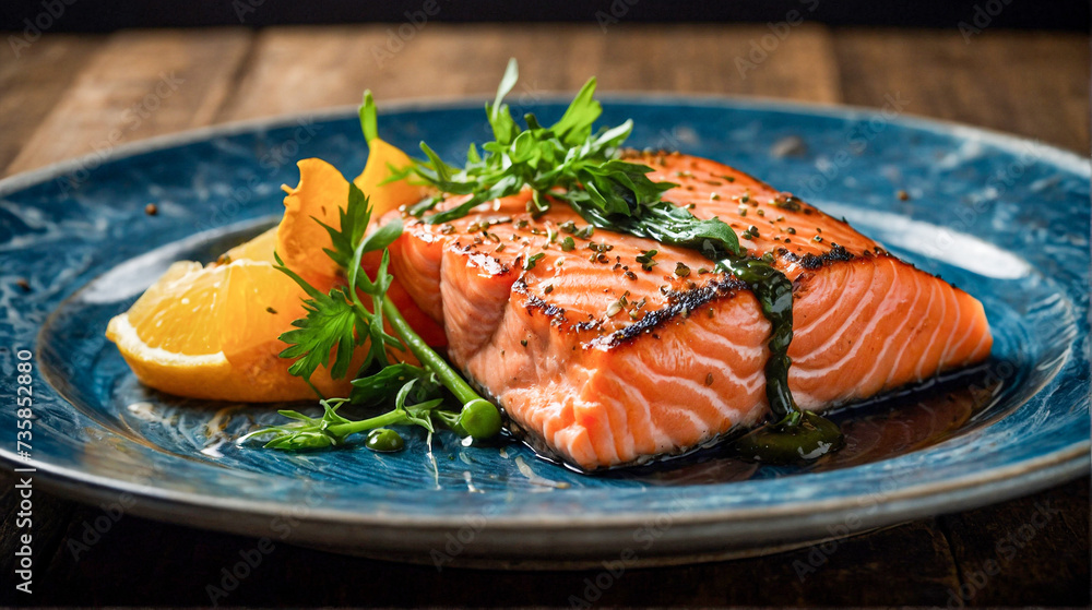 Delicious baked salmon with fresh herbs and lemon. Plate with roasted fish topped with sauce. Gourmet salmon dinner Delicious baked salmon with fresh herbs and lemon. Plate with roasted fish topped with sauce. Gourmet salmon dinner