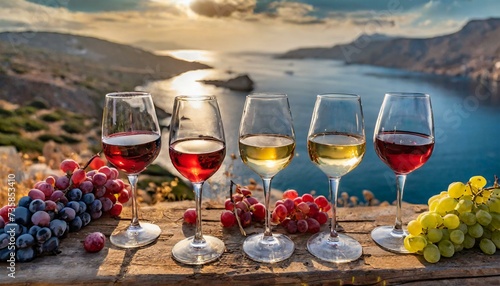 Selective focus on a selection of red, rosé and white wines during a wine tasting photo