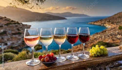 Selective focus on a selection of red, rosé and white wines during a wine tasting