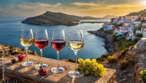 Selective focus on a selection of red, rosé and white wines during a wine tasting photo