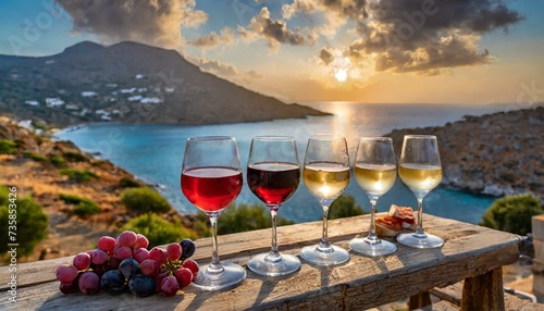 Selective focus on a selection of red, rosé and white wines during a wine tasting photo