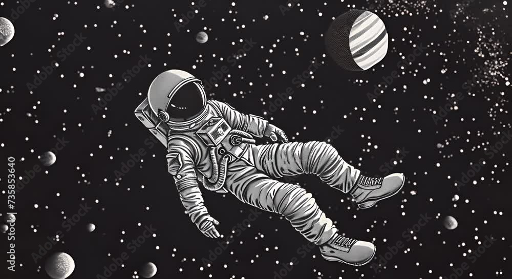 Astronaut in open space against a backdrop of stars and planets. The concept of infinity and space exploration. Astronaut in open space against a backdrop of stars and planets. The concept of infinity and space exploration.