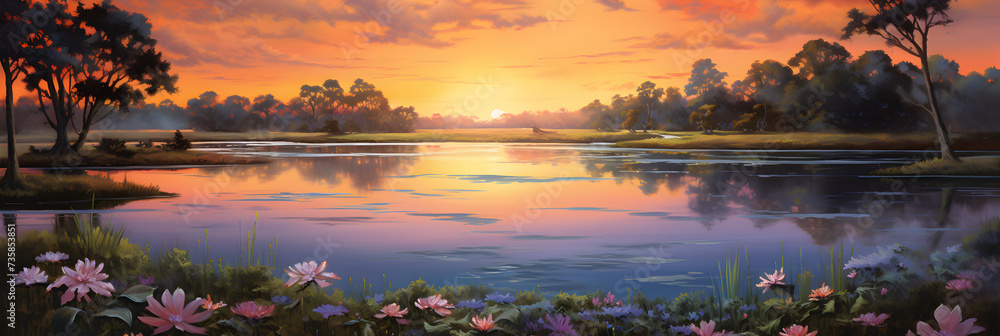 Radiant Sunrise over Tranquil Lake Amongst Verdant Foliage and Blossoming Flora