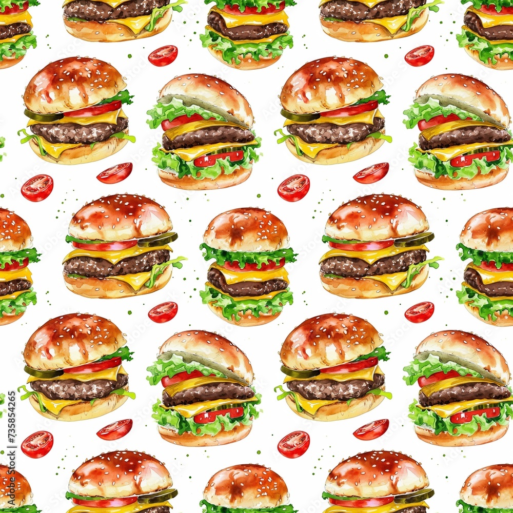Cute watercolor seamless pattern with burgers on a white background. Cute watercolor seamless pattern with burgers on a white background.