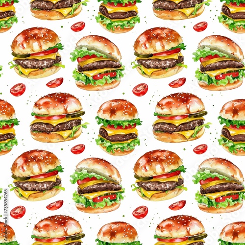 Cute watercolor seamless pattern with burgers on a white background.