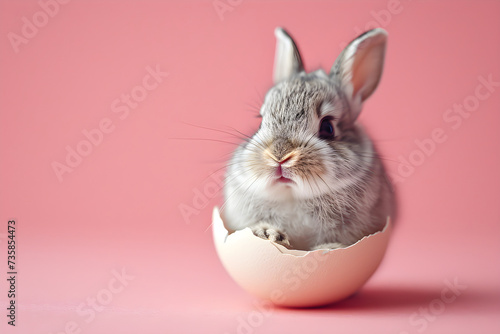 Cute little bunny or rabbit sitting on the egg shell isolated on pastel pink background. Easter holiday concept. Creative minimal concept for design greeting card, banner, poster with copy space