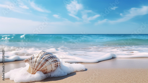 A sea shell on a beach with the ocean in the background.