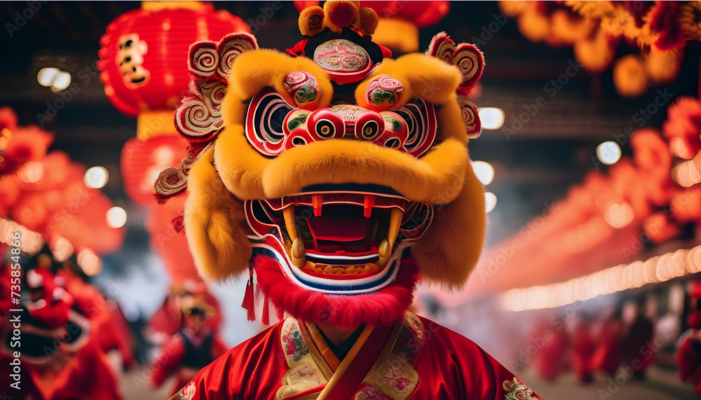 Traditional lion dance performers captivating a lively festival audience