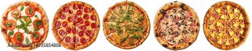 Pizza collection, margharita, pepperoni, arugula, funghi and hawaii, isolated on a transparent background, italian food bundle