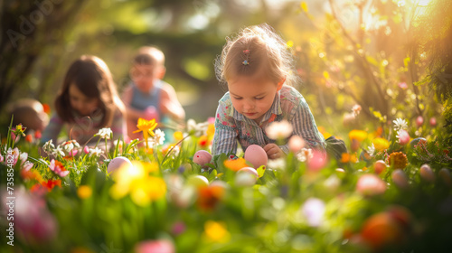 children playing egg hunt on Easter. Child sitting on the grass gathering colorful eggs in basket.