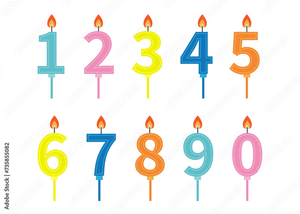 Happy Birthday candle number set. Numbers with fire flame. Different bright color. Flat design. Clip art elements for invitation, birthday card. White background. Isolated. Happy Birthday candle number set. Numbers with fire flame. Different bright color. Flat design. Clip art elements for invitation, birthday card. White background. Isolated.