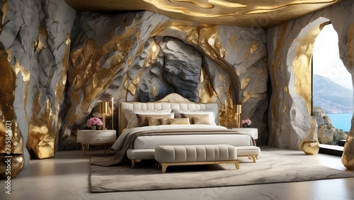 a luxury cave resort room, with plush, modern furnishings and naturalistic decor