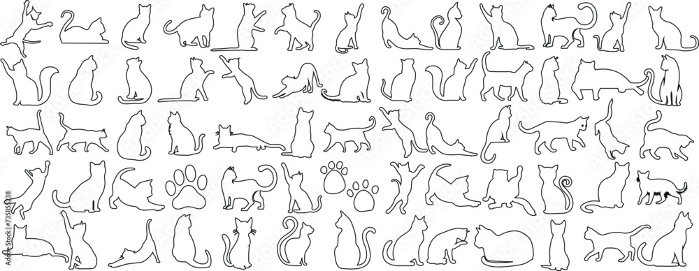 Minimalist cat outlines in various poses, perfect for pet lovers, art illustrations, and design projects. Elegant black outline on a stark white background