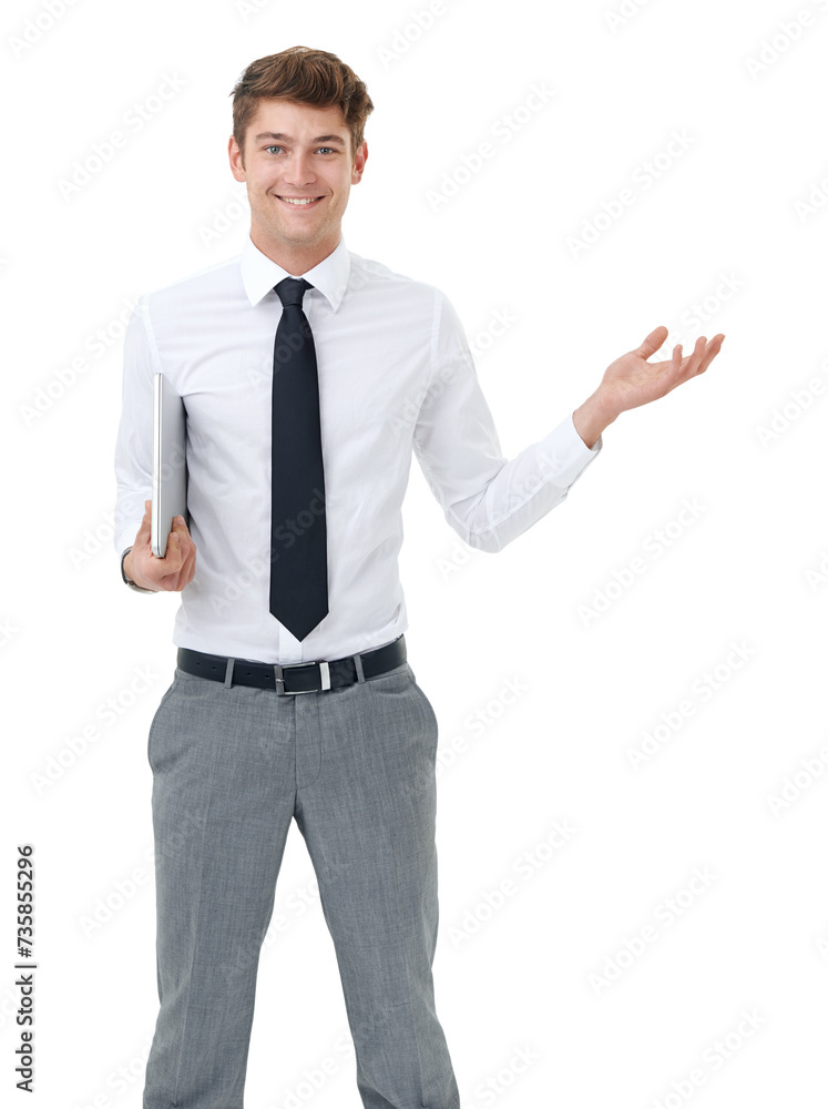 Studio, presentation and portrait of businessman with laptop, smile and mockup for online offer. Announcement, opportunity or promotion with man showing space for technology, deal or white background Studio, presentation and portrait of businessman with laptop, smile and mockup for online offer. Announcement, opportunity or promotion with man showing space for technology, deal or white background