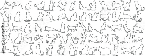 Minimalist cat outlines in various poses, perfect for pet lovers, art illustrations, and design projects. Elegant black outline on a stark white background