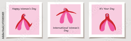International Women's Day. A set of greeting cards with clitoris with kawaii eyes