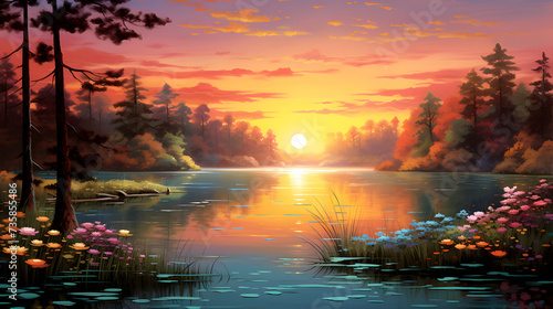 Radiant Sunrise over Tranquil Lake Amongst Verdant Foliage and Blossoming Flora © Joe