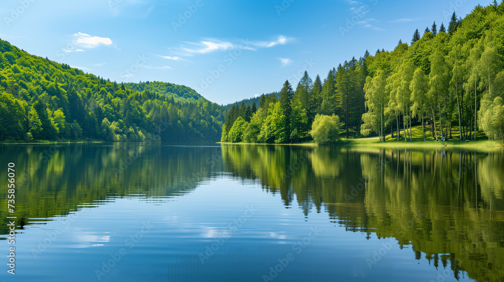 Serene Lakeside Serenity: Calm Waters Reflecting Lush Green Forest Under Clear Blue Sky