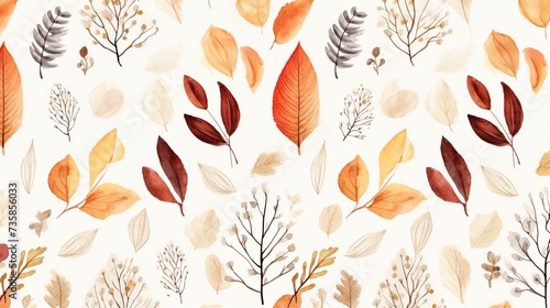 Watercolor autumn vibes seamless pattern. Hand drawn autumn leaves for autumn seasonal concept on a white background.