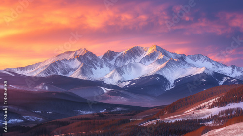 Majestic Dawn: Snow-Capped Peaks Aglow with Sunrise's Warm Embrace