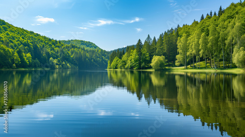 Serene Lakeside Serenity: Calm Waters Reflecting Lush Green Forest Under Clear Blue Sky
