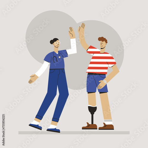 Inclusion. Patient with disability with prosthesis. Rehab physiotherapist, person after amputation. Physiotherapy and rehabilitation. Flat vector illustration isolated on white background