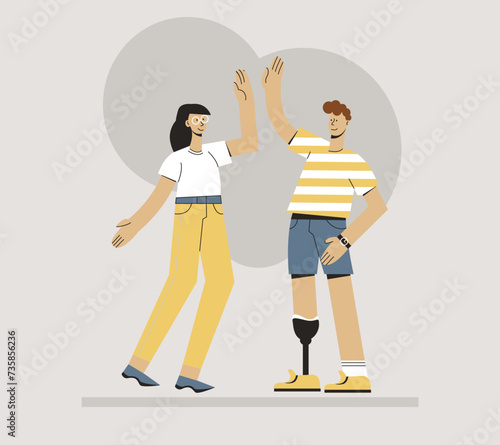 Inclusion. Patient with disability with prosthesis. Rehab physiotherapist, person after amputation. Physiotherapy and rehabilitation. Flat vector illustration isolated on white background
