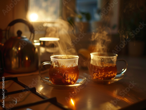 Two cups of tea on the table in the kitchen at night.