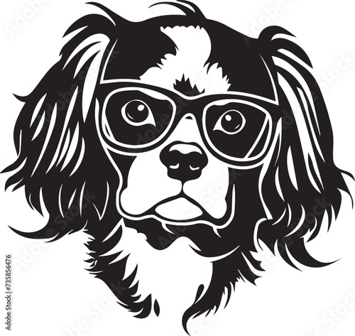 black and white cavalier spaniel dog with glasses