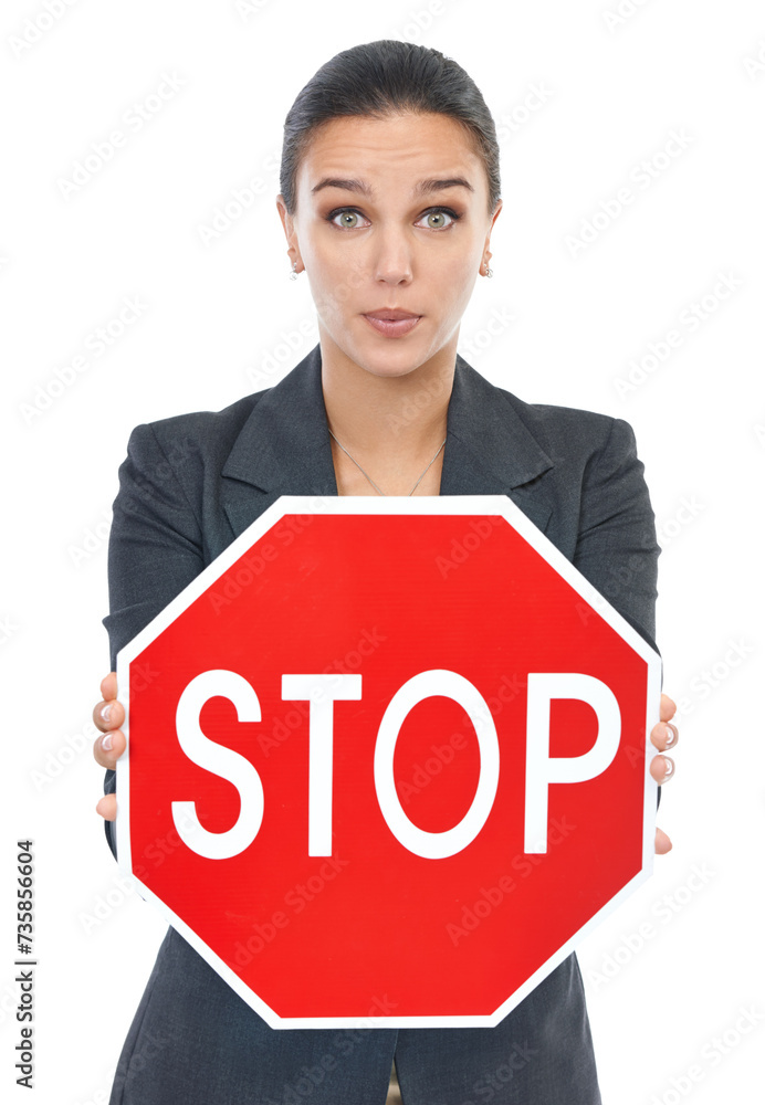 Business woman, stop sign and white background for safety campaign at work for human resources. Professional female studio, symbol and shocked at warning, caution and company policy for hazard Business woman, stop sign and white background for safety campaign at work for human resources. Professional female studio, symbol and shocked at warning, caution and company policy for hazard
