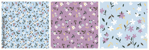 Seamless floral pattern, liberty ditsy print of mini cute botany. Pretty botanical design: small hand drawn daisy flowers, tiny leaves on a blue, purple background. Flower surface, vector illustration