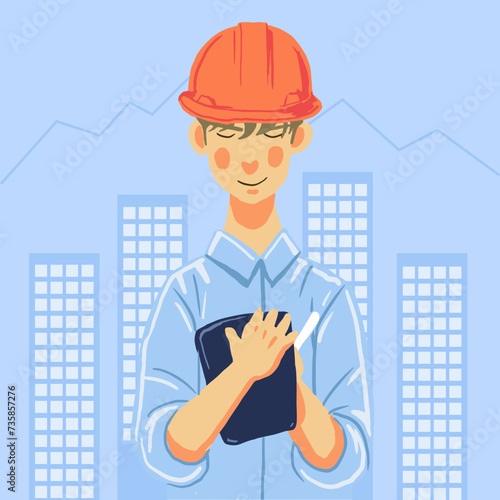 Engineer standing and checking work on tablet