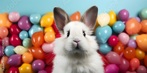 Vibrant Easter Bunny photo against colorful backdrop. Ideal for cards, invites, posters. Cheerful, festive, and playful. Captures joy of springtime celebration. © Natalia
