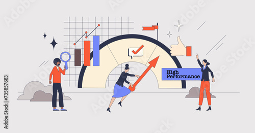 Employee performance management for effective work retro tiny person concept. Productive strategy for staff motivation and get best results vector illustration. Efficiency measurement and improvement