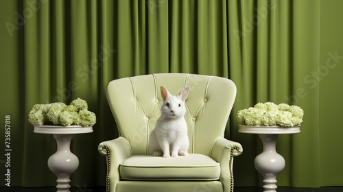 A delightful bunny relaxes on a green armchair against a matching background, creating a serene banner with ample copy space.