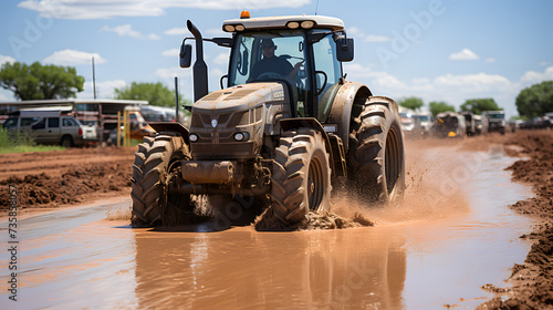 Tractor driving through mud puddle