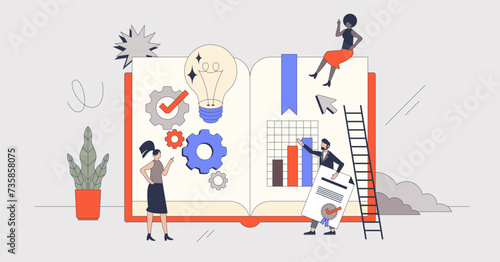 Professional development for effective business growth retro tiny person concept. Successful leadership with clear vision, objectives and targets achievement vector illustration. Professional skills