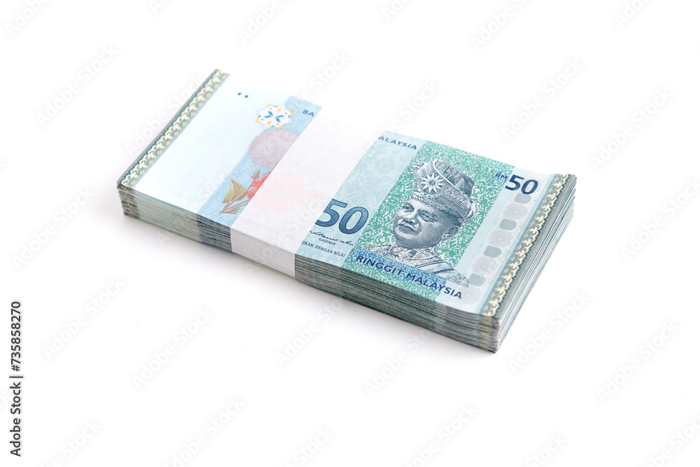 Single stack of Malaysian ringgit 50 isolated on white background Single stack of Malaysian ringgit 50 isolated on white background