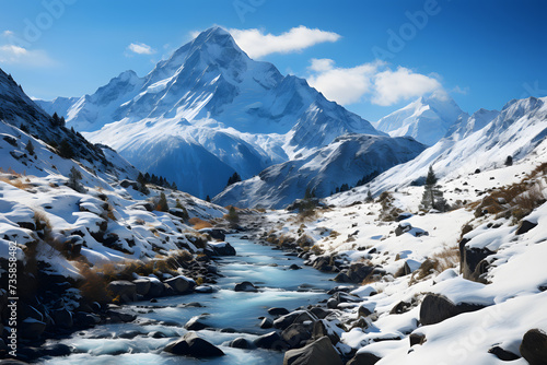 Snow-Capped Mountain Panorama. Journey through the frost-kissed wilderness of a snow-capped mountain panorama.