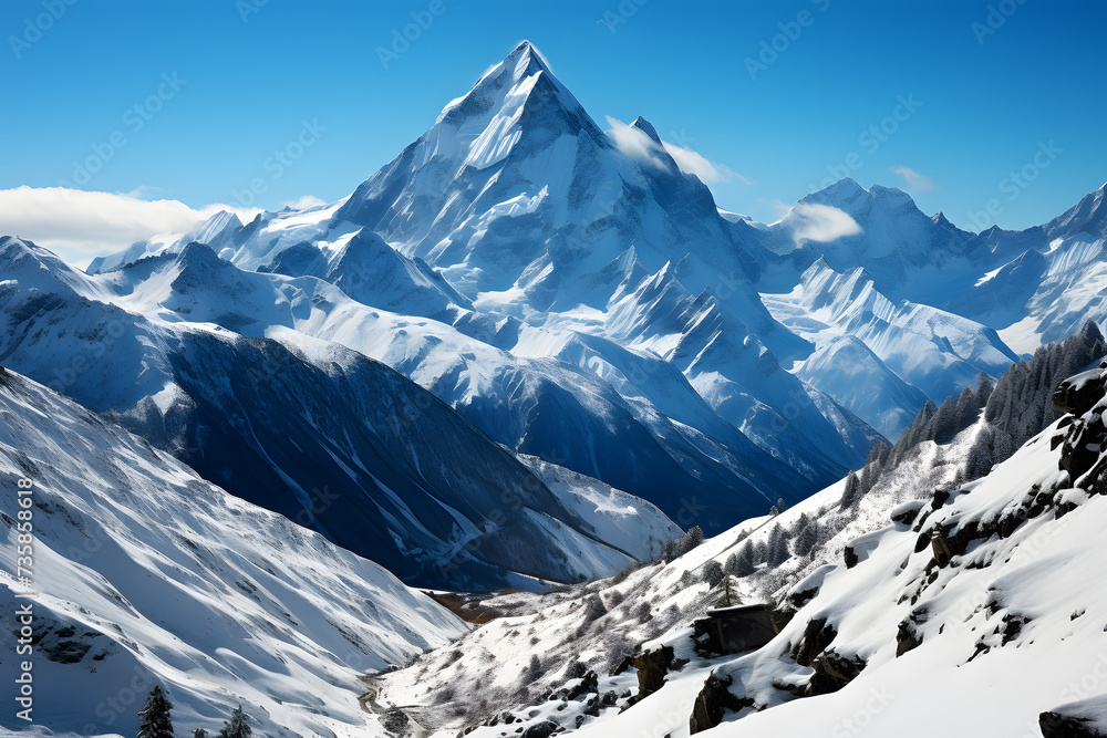 Obraz premium Behold the breathtaking beauty of a snow-covered mountain landscape, where majestic peaks rise against the pristine white expanse