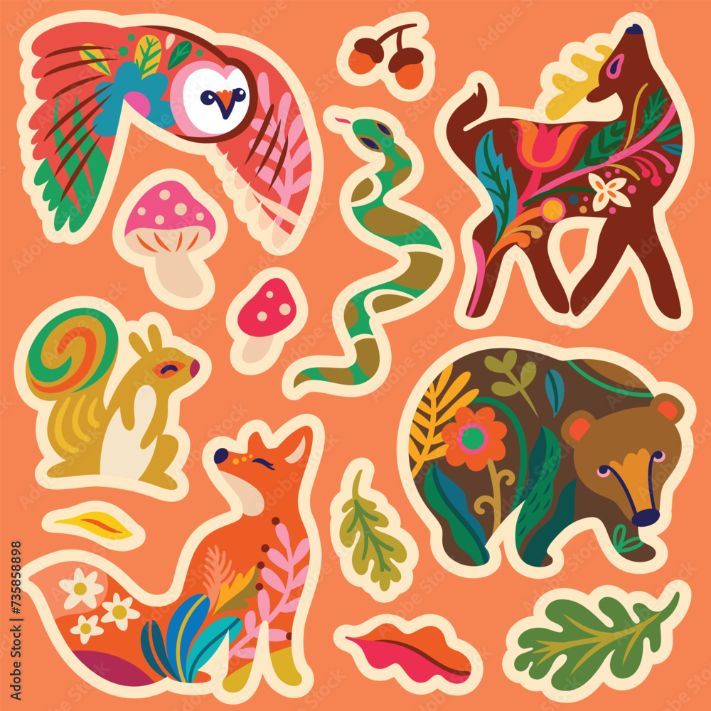 Sticker set, Forest animals in folk style