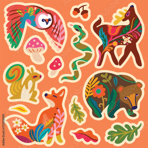 Sticker set  Forest animals in folk style