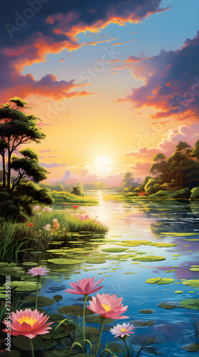 Radiant Sunrise over Tranquil Lake Amongst Verdant Foliage and Blossoming Flora