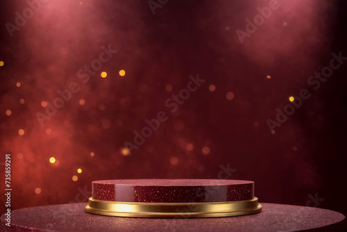 Modern round maroon empty podium for cosmetic or product on festive maroon background with bokeh. Gradient wall, stage studio. Advertisement, 3d, award luxury, blurred shadow. Copy space.