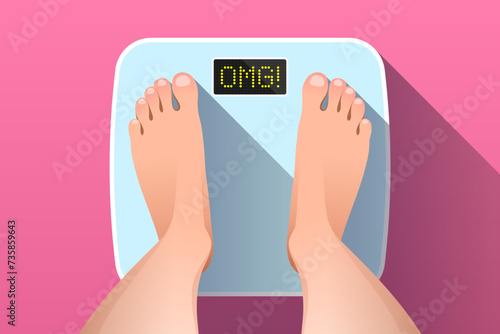 Feet of person on bathroom scales with OMG! inscription on display