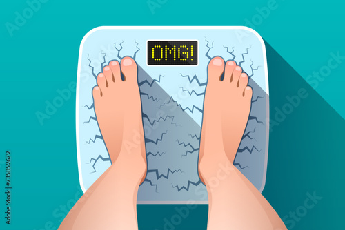 Feet of person on bathroom scales with OMG! inscription on display