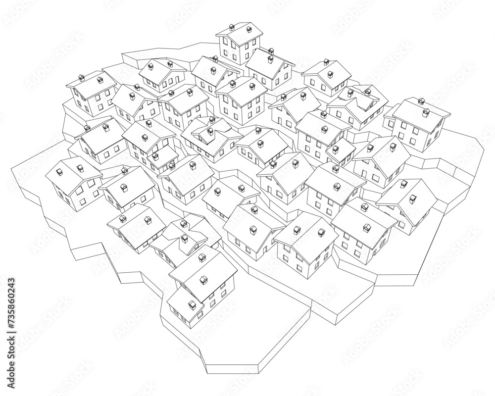 Vector illustration of sketched 3d cottages or a cottage district, aerial view